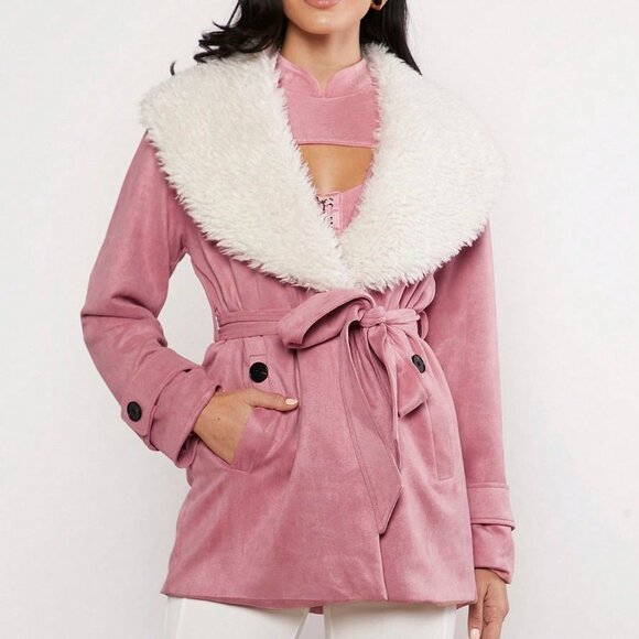 Casual Faux fur Borg Collar Belted Coat Pink - Picture 3 of 7